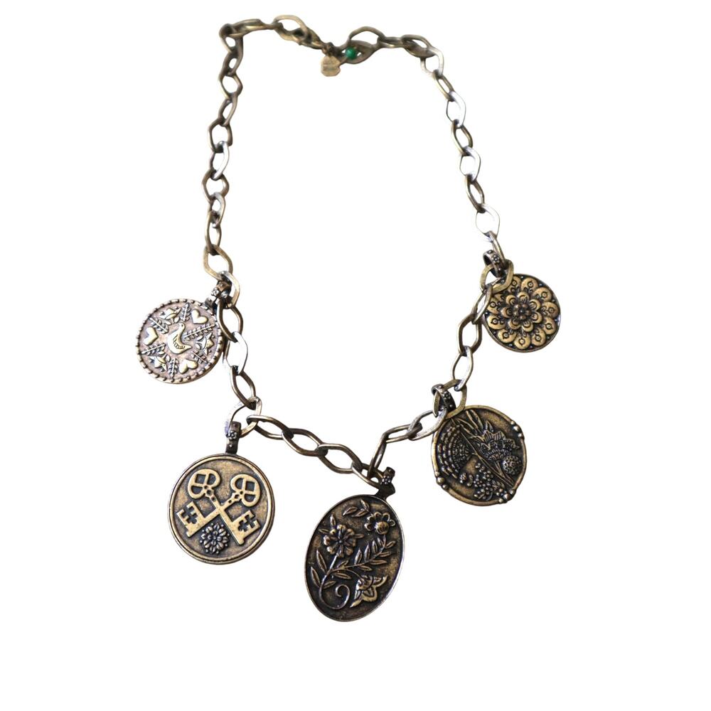 Vintage 90s Y2K Lucky Brand Medallion Charm Necklace Keys Dove Bird Floral Boho